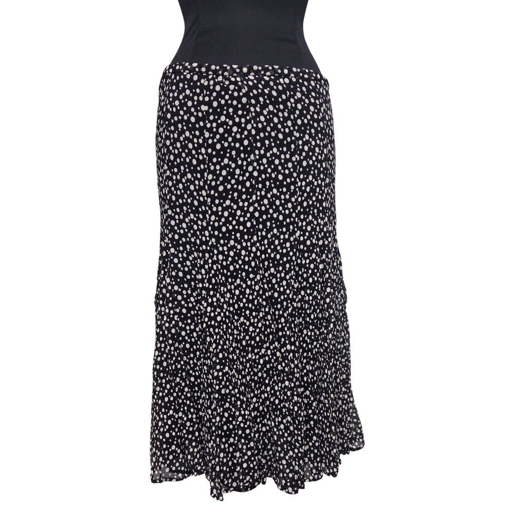 Valerie Stevens 100% Silk Polka Dot Maxi Skirt Black White Chiffon Size M / L